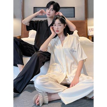 情侶睡衣夏季冰絲V領女士白色高級感條紋絲綢男款短袖長褲家居服