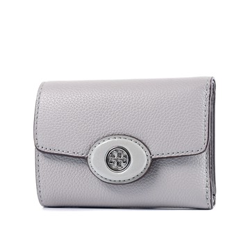 TORY BURCH 專櫃款 ROBINSON 鵝卵石紋釦式三折短夾-灰色