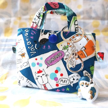 瘋狂貓咪吊飾- 迷你托特包吊飾-迷你耳機包/旅行小物袋/布袋吊飾