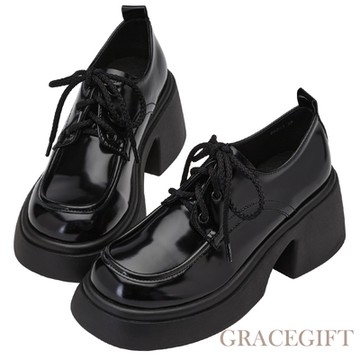 【Grace Gift】通勤神器厚底牛津鞋 黑漆