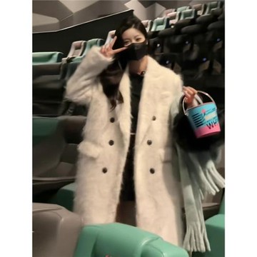 韓版時尚高級感翻領白色毛呢大衣女2025冬季新款氣質夾棉長款外套