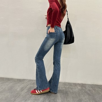 顯瘦刷色喇叭褲-深藍【KT201734】