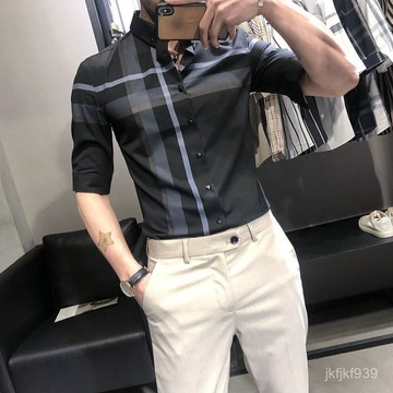 【男裝短袖潮流襯衫】襯衫男短袖夏季薄款新款高級感潮牌男裝痞帥冰絲七分中袖襯衣襯衫 港風 日係 上衣 男短袖 短袖