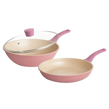 Queen Chef CREAM 韓國厚釜鑄造米陶瓷不沾鍋  炒鍋 + 平底鍋 + 蓋  粉色  1組