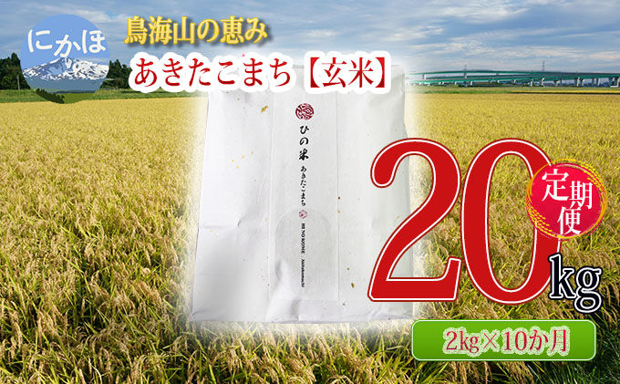 《定期便》2kg×10ヶ月 鳥海山の恵み！秋田県産 あきたこまち ひの米（玄米）計20kg（2kg×10回連続）