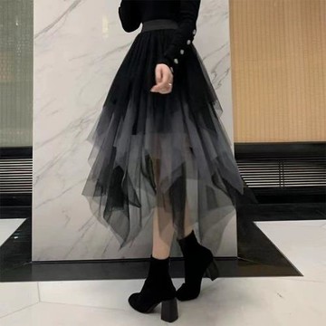 不規則網紗半身裙設計感小眾蛋糕裙女秋冬高腰中長款a字黑色紗裙