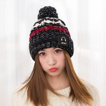 【幸福揚邑】MUSIC潮流雙層保暖護耳小顏拚色毛球針織毛線帽-炫黑