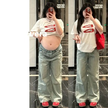 【🍇精選】100公斤可穿 大碼牛仔褲 美式複古水洗直筒牛仔褲女 大碼女裝 梨形身材 寬鬆高腰直筒闊腿褲 遮跨顯瘦長褲