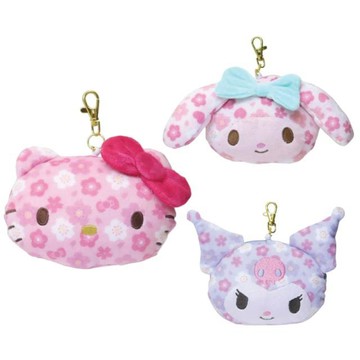 小禮堂 Sanrio 三麗鷗 絨毛大臉伸縮票卡零錢包吊飾 (櫻花款) Kitty 美樂蒂 酷洛米