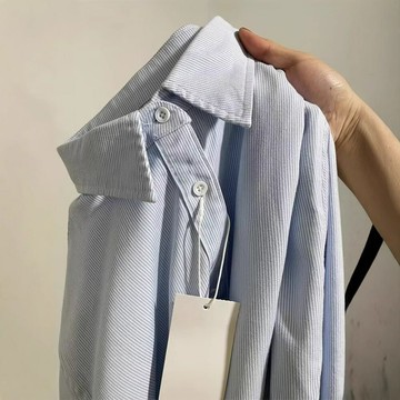 藍色條紋襯衫男秋季新款港風潮流男女款寬松休閑文藝棉質襯衣外套鑫弘-衣錦男裝