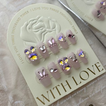 💟加一手工甲💅🏻【純手工實拍】情定兔年可愛兔子美甲鑽超閃透粉極光拚接兔子指甲純手工穿戴甲 XPZ6