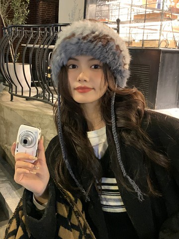 粥可可手工針織帽子女2023新款冬拼接保暖漁夫帽毛線帽護耳毛絨帽