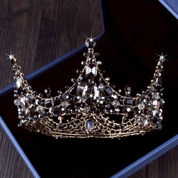 2022新款巴洛克古銅黑色水晶圓冠帶手工皇冠新娘婚紗結婚發飾品