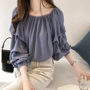 韓系女神氣質一字領蛋糕袖雪紡衫(KDT-8820)