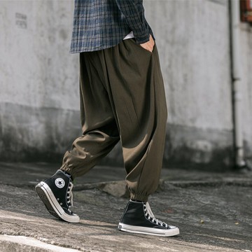 哈倫褲男春秋日系潮牌蘿卜休閑寬松束腳闊腿褲燈籠褲九分吊襠垮褲