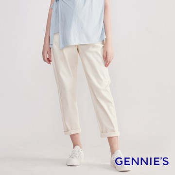 Gennies奇妮 棉質挺版休閒孕婦長褲(米白T4N09)