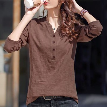 全棉v領紐扣長袖t恤女寬松2025秋裝新款咖色打底衫竹節棉內搭上衣