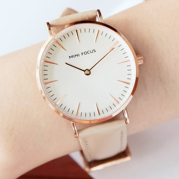MINIFOCUS偶然的邂逅簡約真皮手錶【WMF0318】-白面卡其帶