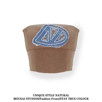 酒杯抹胸針織牛仔繡花平口抹胸背心女夏藍色緊身短款外穿辣妹上衣