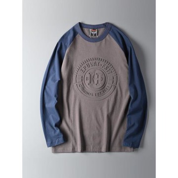 外貿尾單全棉磨毛面料立體字母壓印撞色拼接男士圓領長袖T恤打底