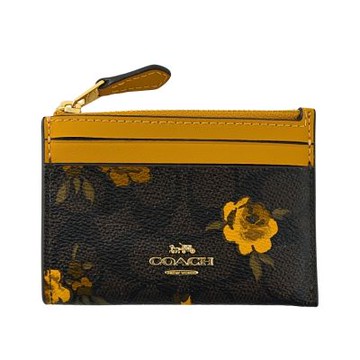 COACH仿油畫筆觸金色玫瑰印花黑棕檀木C LOGO PVC拼接素面皮革前卡夾鑰匙零錢包