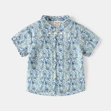 WELLKIDS - 休閒小立領短袖襯衫-青花瓷