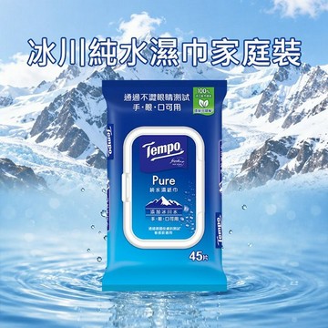 Tempo~冰川純水濕巾家庭裝(45抽)｜許光漢代言 弱酸性 阿爾卑斯山 冰川水 親膚低敏 加蓋純水濕紙巾