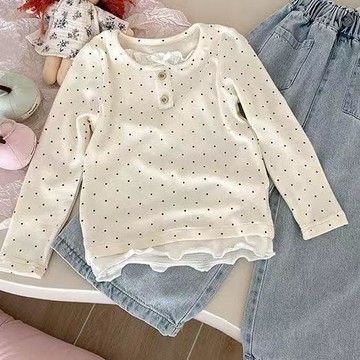 🍭臺灣出貨🍭女童長袖T恤秋裝2025新款波點打底衫女寶寶春秋假兩件上衣春秋季 女童長袖上衣 兒童長袖上衣 女童上衣