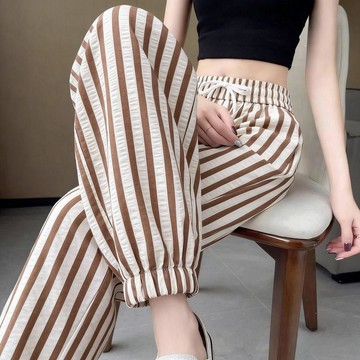 【台灣现貨】冰絲九分褲 女生長褲 條紋長褲 高腰顯瘦 九分褲 運動褲 哈倫褲 束口褲 休閒長褲 女生褲子 夏天長褲束脚褲