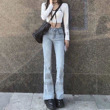 高腰顯瘦顯長腿微喇叭牛仔褲女修身百搭彈力九分拖地長褲【時尚大衣櫥】