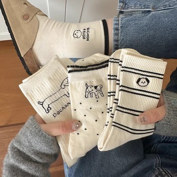 【台灣發貨】條紋卡通小狗襪子女中筒襪春秋季可愛日係純棉襪ins韓版長襪夏款 可愛卡通圖案襪子  中筒襪 稀罕襪  純棉襪