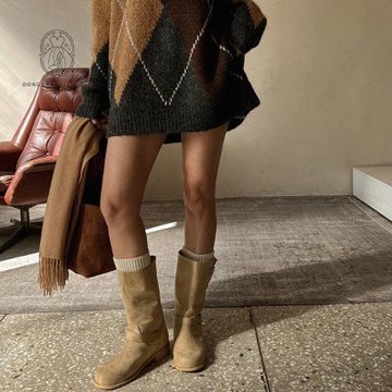 DONGCHICHI 寬筒 3cm 扣環軍靴 中筒靴 麂皮 韓國靴 短靴 長靴 低跟靴  正韓 C215