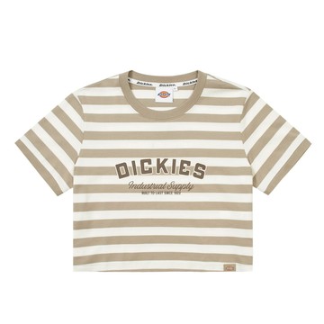 Dickies女款沙色條紋純棉胸前品牌Logo文字印花短袖T恤|DK0A87H6CH1