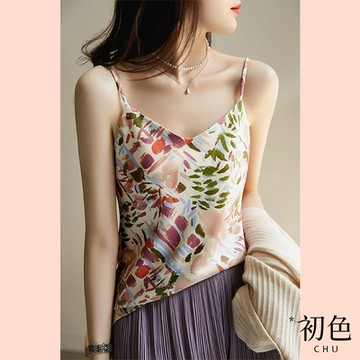 初色  油畫風印花細肩帶背心-花色-61828(M-XL可選現貨+預購)