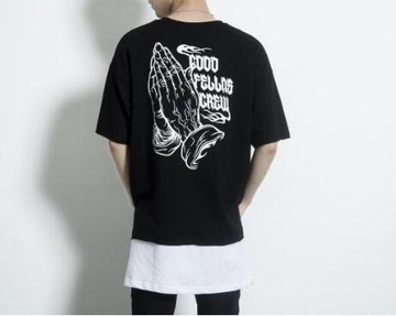 FINDSENSE MD 韓國 潮 男 時尚 後背鬼手圖案印花 不規則拼接下擺 短袖T恤 特色T恤 圖案T