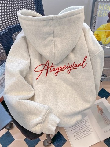 字母印花灰色連帽衛衣女春秋薄款復古美式hiphop情侶外套男女生上衣 連帽衛衣女 韓系 抗皺  銀狐絨帽T 多色