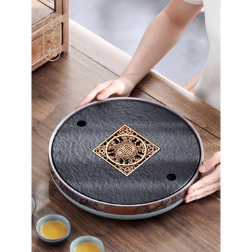 尚言坊陶瓷烏金石茶盤圓家用2025新款茶具托盤石盤小茶臺儲水小型