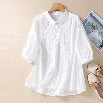 刺繡棉麻休閒簡約風短袖襯衫上衣夏季新款薄款POLO領寬鬆女裝