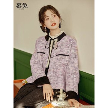 慕兔法式小香風格子外套女秋2025新款高級感超好看小個子紫色上衣