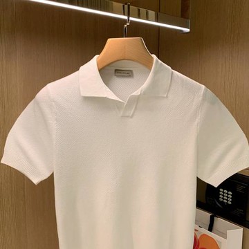老錢風男裝修身翻領短袖t恤 夏季新款高級白色針織上衣男士polo衫