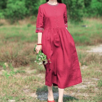 現貨+預購 亞麻連身裙五分袖洋裝大尺碼長裙連衣裙A字裙休閒大碼女裝-圓領繫帶民族風印花女裙子74ba49【獨家進口】【米蘭精品】