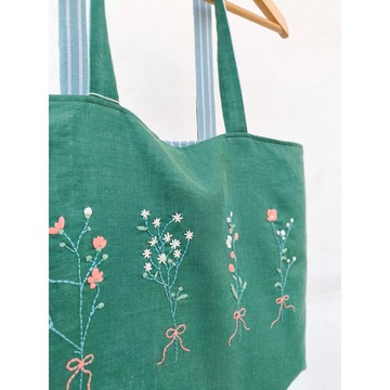 刺繡 | 亞麻 | 深綠色斜背包