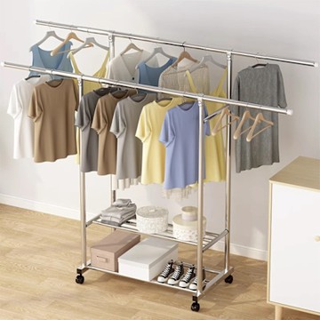 室內外可用雙桿伸縮晾衣架 雙層置物架 移動掛衣架 晾曬架