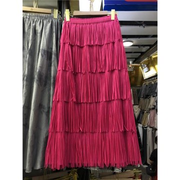 三宅褶皺復古玫紅色a字高腰蛋糕長裙設計感小眾層層流蘇半身裙子