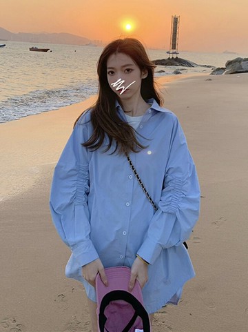 藍色襯衫女設計感小眾寬松慵懶風中長款上衣服新款情侶裝