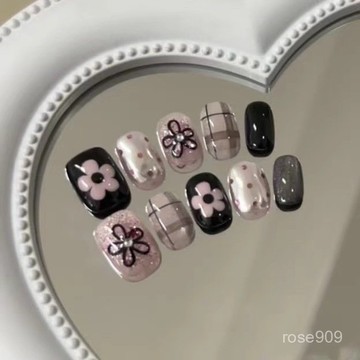 ✨Hannah✨純手工穿戴甲黑粉手繪小花甜酷貼片可愛ins學生辣妹美甲貼片成品純手工穿戴甲 UP3W