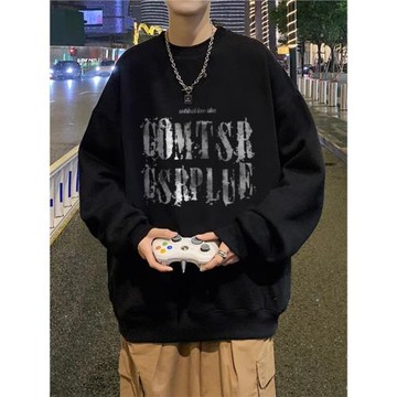 純棉美式復古重磅長袖衛衣oversize高街男潮寬松圓領無帽加絨衣服