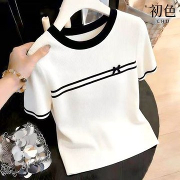 初色 法式撞色蝴蝶結針織短袖T恤上衣女上衣-白色-19172(F可選)