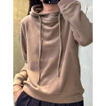 德絨復古連帽衛衣女秋冬寬松休閑套頭帽衫純色上衣 韓版上衣 大尺碼上衣 秋天衣服 大尺碼女裝 長袖上衣 日系穿搭