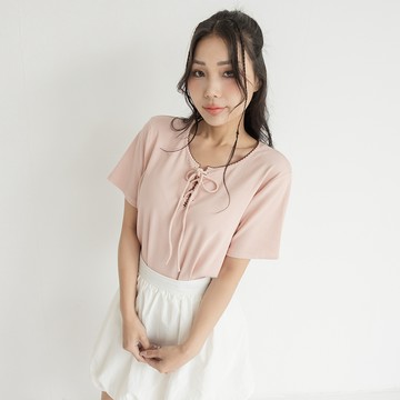 木耳邊坑條綁帶短袖上衣